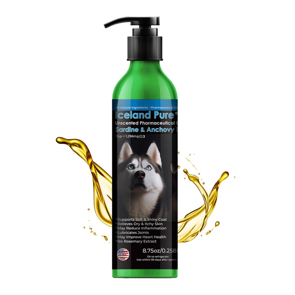 Iceland Pure Sardine Anchovy Oil | Wild Caught | 1597mg of Omega 3 per teaspoon | Unscented Pharmaceutical Grade | For Dogs and Cats | BPA-Free Brushed Aluminum Epoxy coated Bottle with Pump 8.75oz