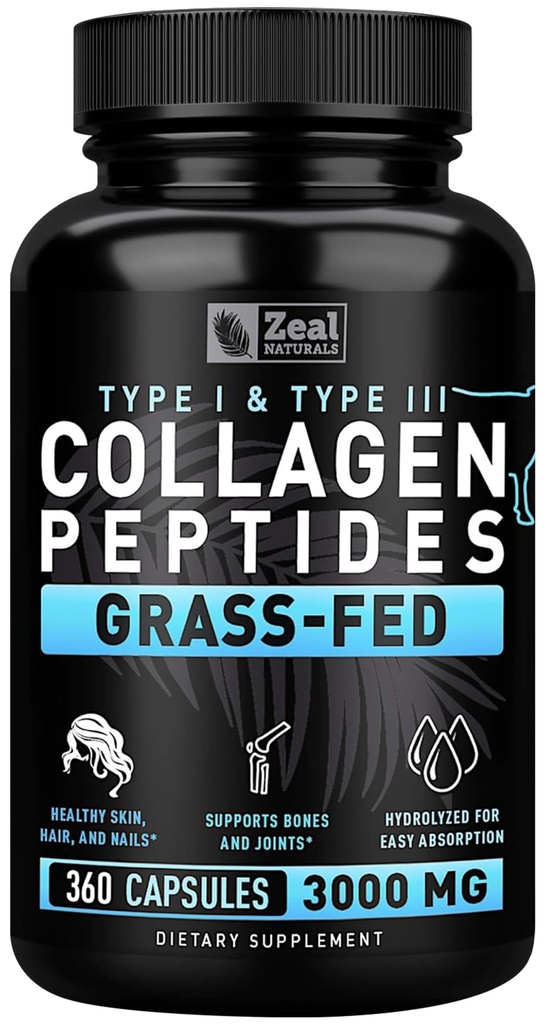 Zeal Naturals Collagen Peptides Collagen Pills (360 κάψουλες) Grass Fed Collagen Pepetide Pepetide Powder - Hydrolyzed Collagen Powder for JointTendon SupplementHair Skin and Nails -