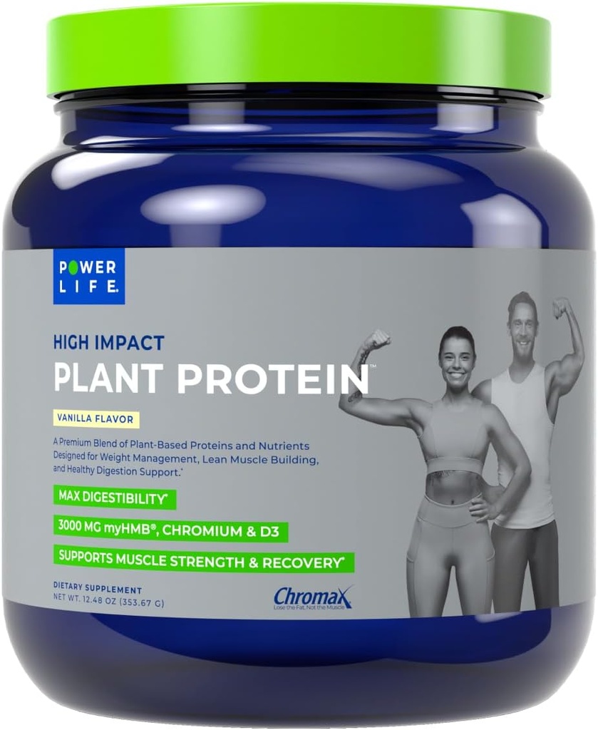 POWERLIFE High Impact Plant Protein Powder with 3000 MG of HMB, Plant-Based, No Sugar Added, Vegan, Keto Friendly, Non-GMO (Vanilla - New Formula)