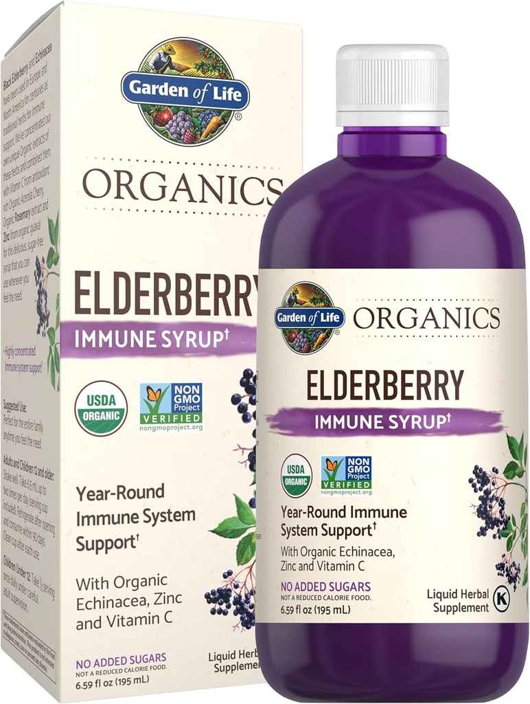 Κήπος της Ζωής Βιολογικά Φυτό με βάση Elderberry Ανοσοποιητικό Σιρόπι 6.59 floz (195 mL) για Παιδιά & Ενήλικες - Σαμπούκος, εχινάκεια, ψευδάργυρος & βιταμίνη C, 0g Ζάχαρη, Βιολογικό συμπλήρωμα χωρίς γλουτένη Vegan