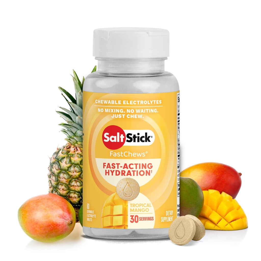 SaltStick Electrolyte FastChews - 60 Tropical Mango Chewable Electrolytes - Δισκία άλατος για τρέξιμο και ενυδάτωση, Μάσημα ηλεκτρολυτών - 60 Count
