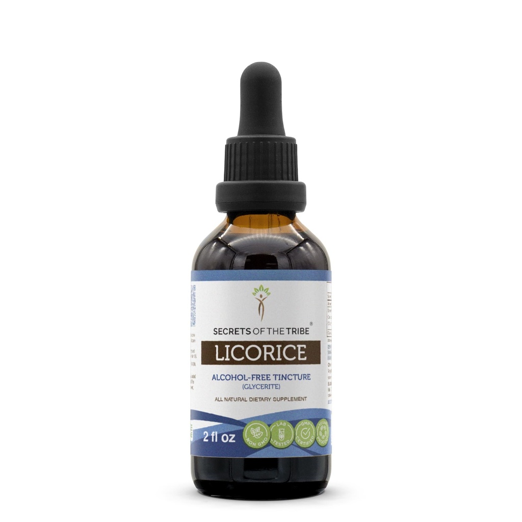 Secrets of the Tribe Licorice Alcohol-Free Liquid Extract, Licorice (Glycyrrhiza Glabra) Dried Root Tincture Supplement (2 FL OZ)