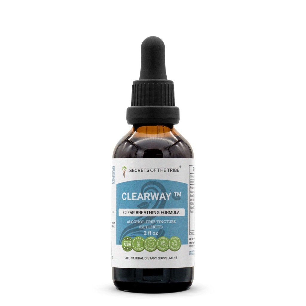 Secrets of the Tribe Clearway Alcohol-Free, Glycerite Licorice, Chaparral, Ginger, Thyme, Sage, Peppermint. Tincture, Herbal Extract Clear Breathing Formula 2 oz