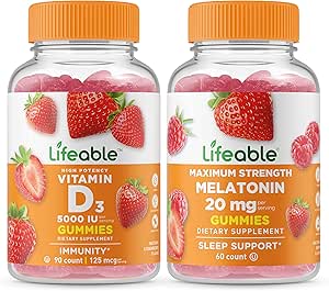 Ζωηρή βιταμίνη D 5000 IU + μελατονίνη 20mg, Gummies Bundle - Μεγάλη γεύση, συμπλήρωμα βιταμινών, χωρίς γλουτένη, GMO δωρεάν, Μασώμενο Gummy