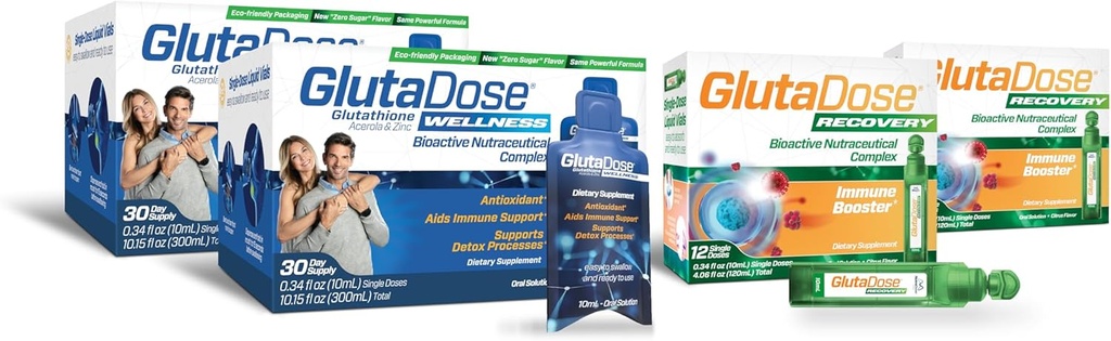 GlutaDose Ultimate Immune Boost & Daily Detox Bundle, Cold & Flu Recovery, Immune & Energy Support, Glutathione, Astragalus, Echinacea, Acerola (1.000 mg Blend), Σελήνιο, Ψευδάργυρος, Υγρά συμπληρώματα