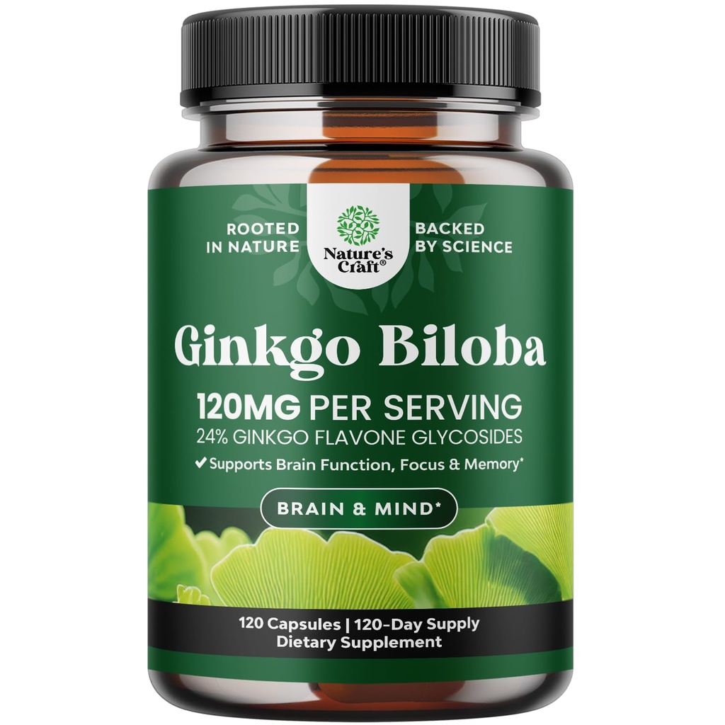 Ginkgo Biloba Capsules for Focus & Memory Support - 120mg Per Serving - Helps Maintain Brain Health - Herbal Supplement - Non GMO Ginkgo Biloba Supplement - 3rd Party Tested - 4 Months Supply - 120 Ct