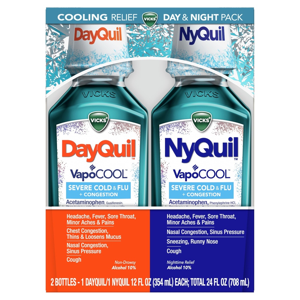 Vicks DayQuil and NyQuil VapoCOOL SEVERE Combo Cold & Flu + Congestion Medicine, Max Strength Relief For Fever, Sore Throat, Nasal Congestion, Sneezing, Cough, 2 x 12 oz Bottles, 1 NyQuil, 1 DayQuil