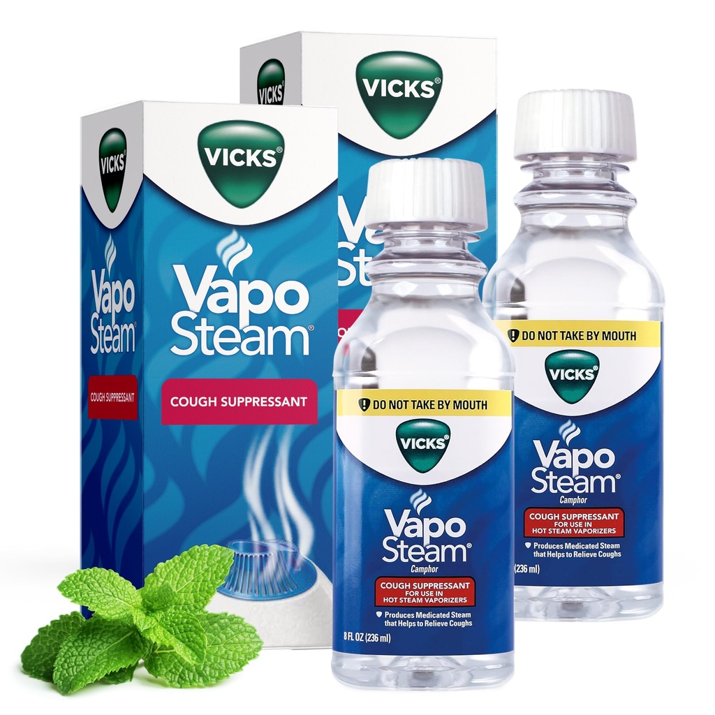 Vicks VapoSteam Medicated Liquid with Camphor, a Cough Suppressant, 8 Oz – VapoSteam Liquid Helps Relieve Coughing, for Use in Vaporizers and Humidifiers (Pack of 2)