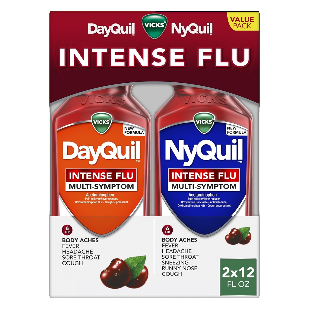 Vicks DayQuil & NyQuil Intense Flu Liquid, Value Pack, Over-the-Counter, Multi-Symptom, Powerful Relief for Body Aches, Fever, Headache, Sore Throat, and Cough, 6 Hour Relief, Cherry Flavor, 12 FL OZ