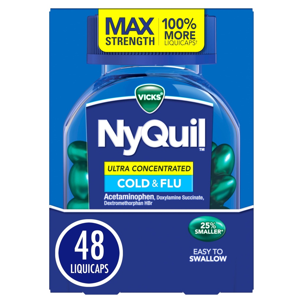 NyQuil Ultra Concentrated Cold and Flu Medicine, Nighttime, Relief for Cough, Sore Throat, Fever, Congestion, Easy to Swallow, Easy to Open Bottle, 48 LiquiCaps