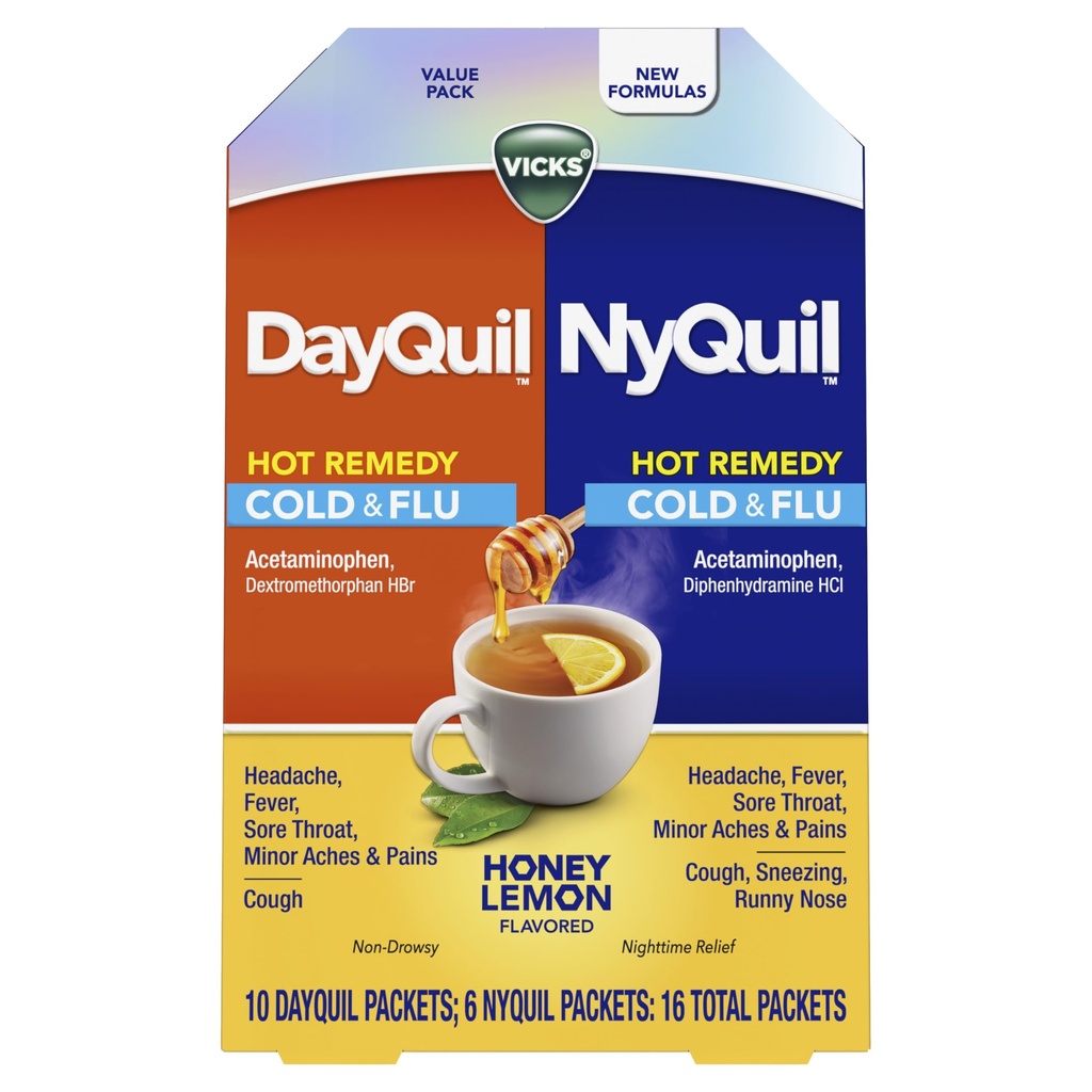 Vicks DayQuil & NyQuil Hot Remedy Cold & Flu Powder Mix, Over-The-Counter Medicine, Value Pack, Fast Relief for Headache, Fever, Sore Throat, Minor Aches and Pains, and Cough, 16 Packets