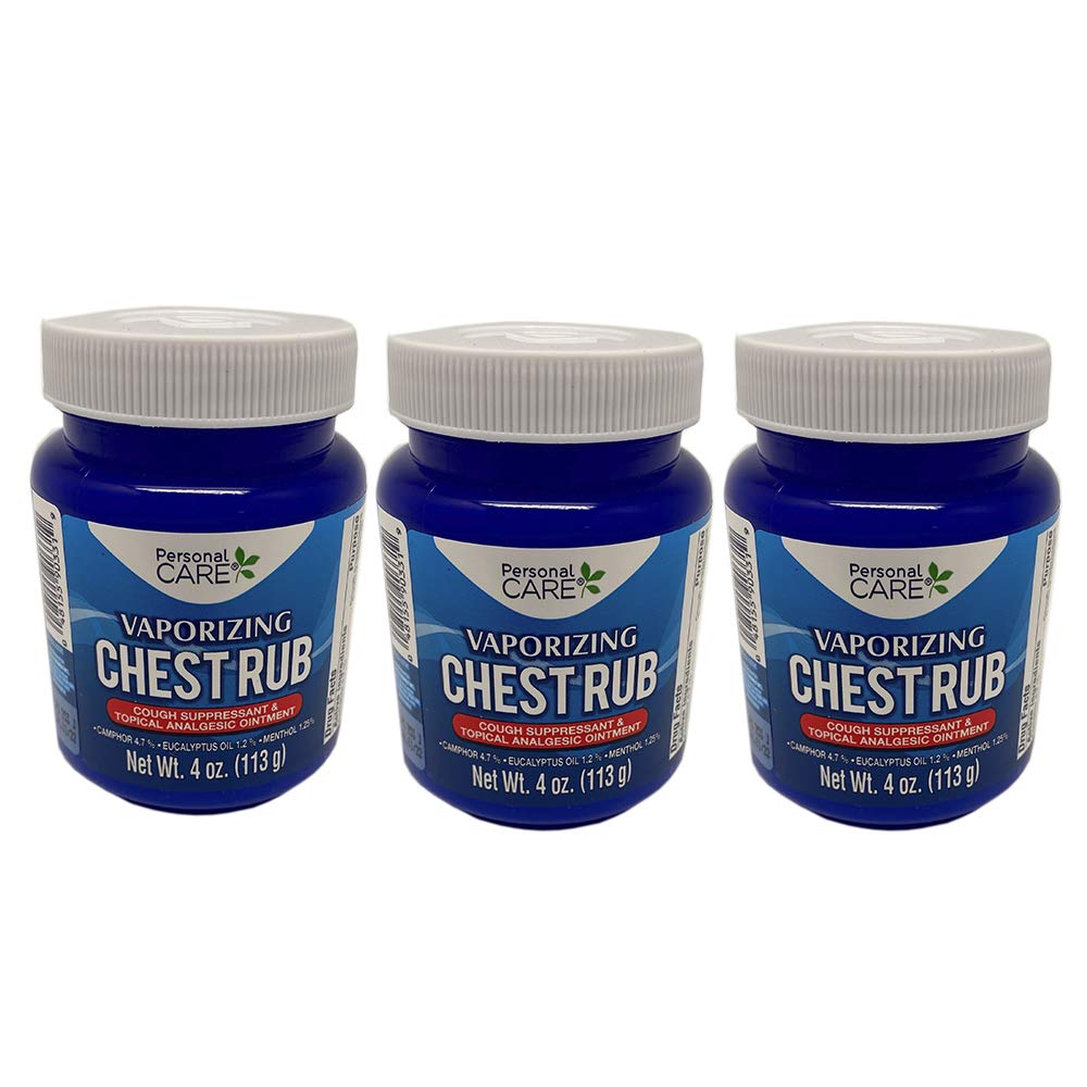 Personal Care Vaporizing Chest Rub. Topical Analgesic. Relief for the Common Cold. Aches, Pain and Cough Suppressant. 4 Oz / 113 g. Pack of 3