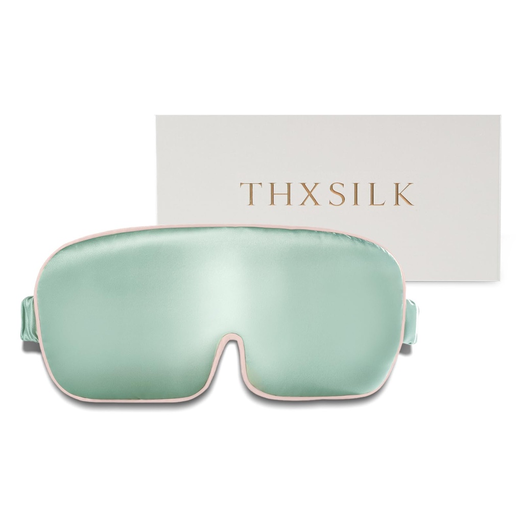 THXSILK 100% Mulberry Silk Sleep Mask, 6A Grade 25 Momme Eye Mask for Sleeping, Color-Blocking Blindfold, Soft Silk Eye Cover for Women, Men, Travel, Nap, Airplane(4×9inches, Mint Green)