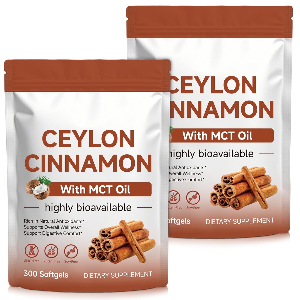 Ceylon Cinnamon Softgels with MCT Oil – 2-Pack (2 x 300 Softgels, Total 600) | Easy Absorption, Supports Digestive Comfort & Overall Wellness, Non-GMO, Gluten Free, Soy Free