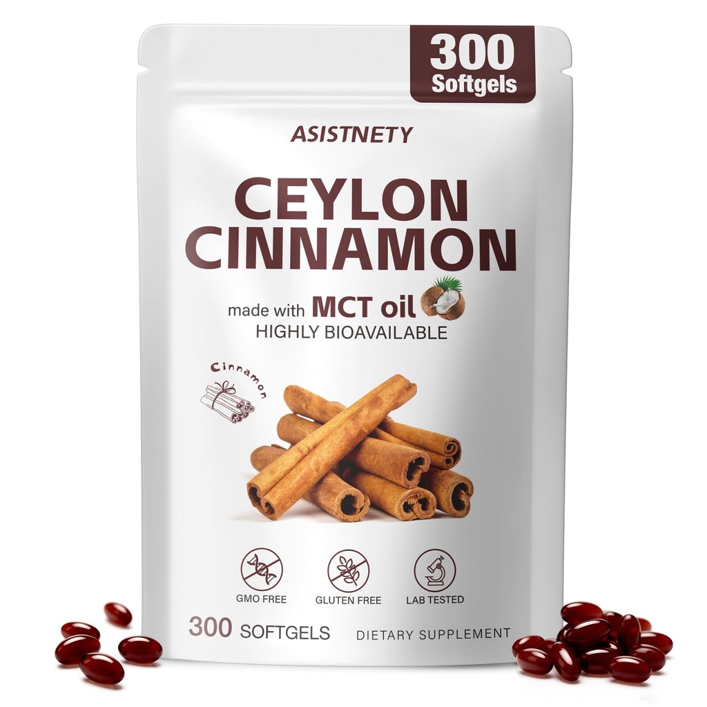 Ceylon Cinnamon Softgels with MCT Oil, True Sri Lanka Ceylon Cinnamon Capsules 600mg with Berberine HCl, Ginger & Black Pepper Extract, Blood Sugar & Metabolism Support, Non-GMO, Gluten - 300 Softgels