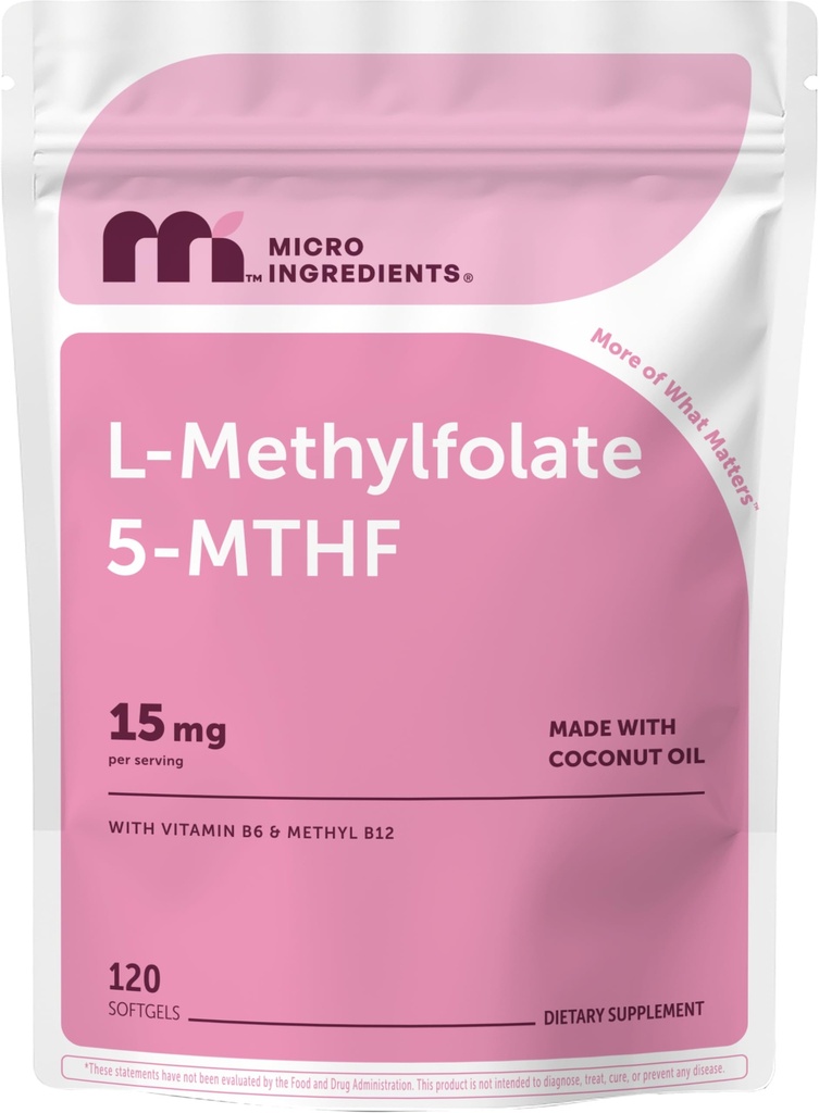 Micro Ingredients L Methylfolate 15mg, 120 Softgels | Made with Coconut Oil | Active 5-MTHF with B6 & Methyl B12 | Methylated Vitamin B9 | Folate Supplement for Women & Men