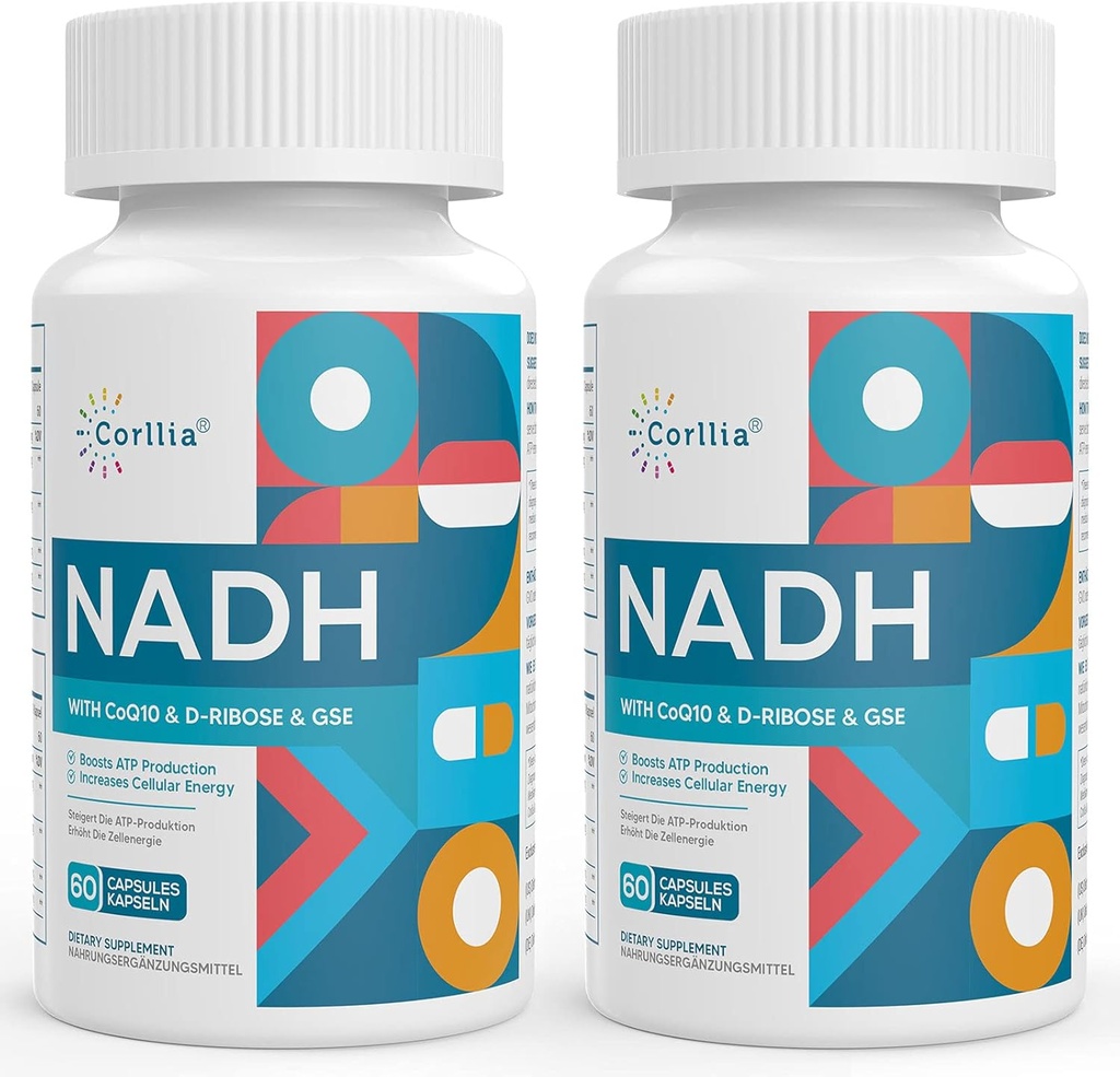 NADH 50mg + CoQ10 200mg + D-Ribose 150mg Supplement, Enhance NAD+ Supplement for Energy, Fatigue, Reduced Nicotinamide Adenine Dinucleotide, 120 Veggie Capsules