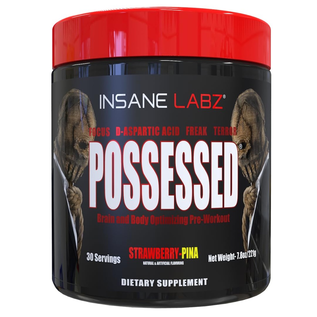 Insane Labz Possessed Low Stimulant Testosterone Boosting Pre Workout Powder, Loaded with D Aspartic Acid and Creatine Fueled by AMPiberry and OXYgold, 30 Srvgs, Strawberry Pina
