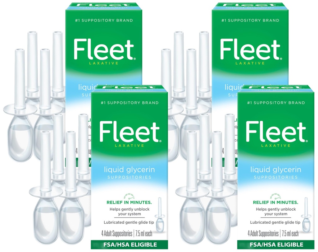 Fleet Liquid Glycerin Suppositories for Constipation Relief, Fast and Effective Stimulant-Free Laxative, 7.5 mL Each, 4 Count (Pack of 4)