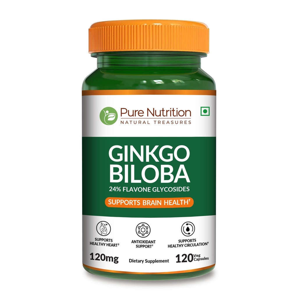 Pure Nutrition Gingko Biloba 120 mg | 120 Veg Capsules | Min 24% Flavone Glycosides | Herbal Dietary Supplement | Supports Daily Nutritional Intake & Overall Wellness | Non GMO