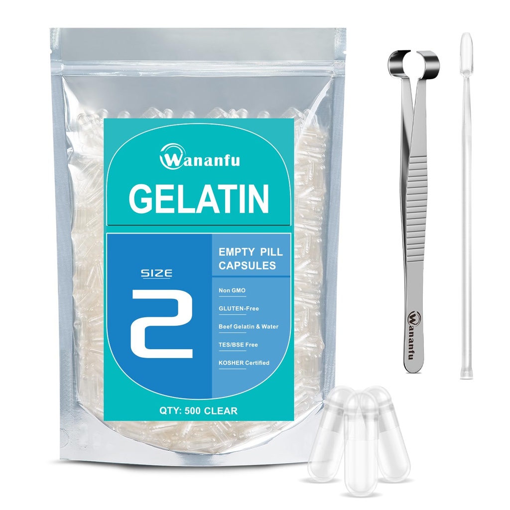 wananfu Size 2 Empty Capsules Gelatin (500 Count) Bundle with Capsule Tweezer and Micro Lab Spoon, Clear Fillable Gel Pill Capsules Size 2 for Making Your Own Supplements