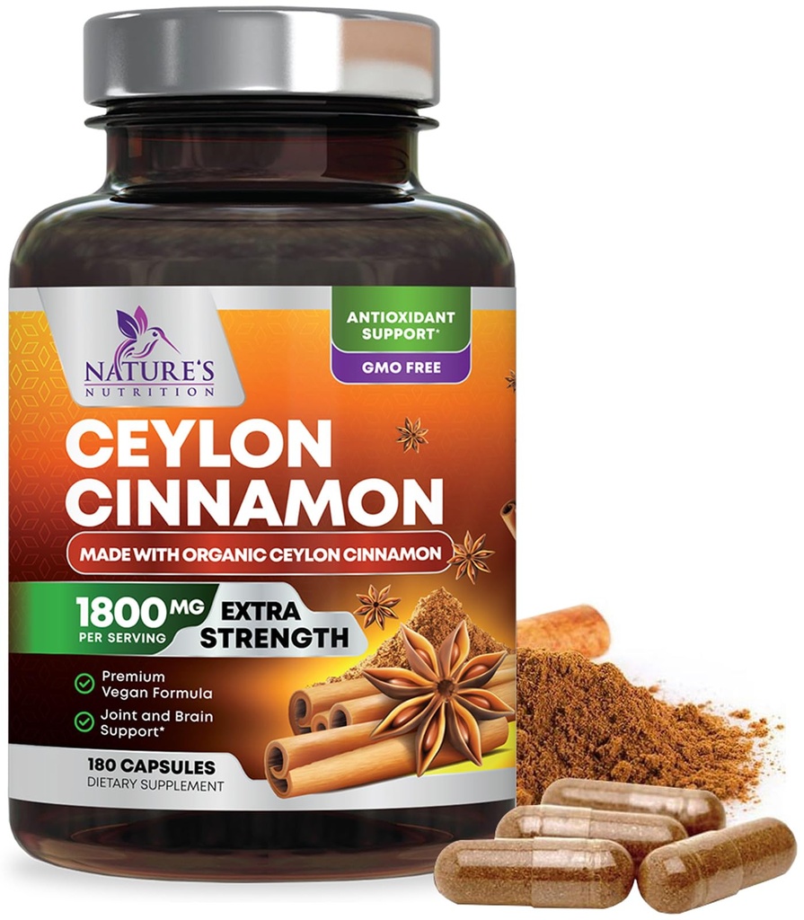 Βιολογική Ceylon Cinnamon Συμπλήρωμα 1800mg - Πιστοποιημένα Βιολογικά χάπια σκόνης Ceylon Cinnamon - Ενέργεια & Καρδιά Υποστήριξη για γυναίκες & άνδρες, Εμφιαλωμένο στις ΗΠΑ, Αντιοξειδωτικό, Χωρίς γλουτένη, Μη ΓΤΟ - 180 κάψουλες