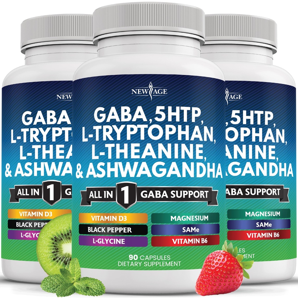 NEW AGE GABA 750mg 5 HTP 200mg L Tryptophan 500mg L Theanine 200mg Ashwagandha SAM-e L-Glycine - Vitamins for Women and Men with 5-HTP (5-Hydroxytryptophan) - 270 Count