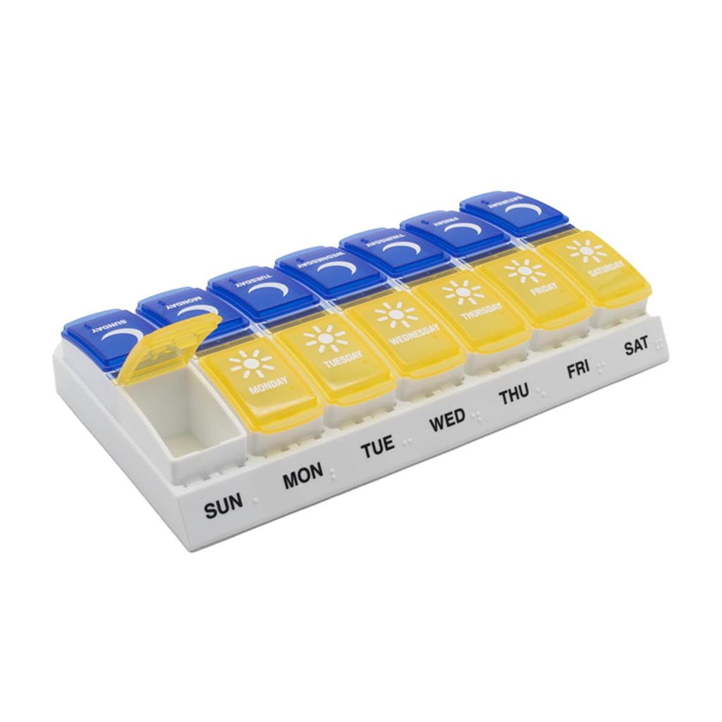 EZY DOSE Weekly (7-Day) AM/PM Pill Organizer, Daily Vitamin Container and Medicine Box, Μεγάλη Pop-Out Διαμερίσματα, Σχεδιασμένο για Ταξίδι, 2 φορές την ημέρα, Μπλε και Κίτρινες Λίδες