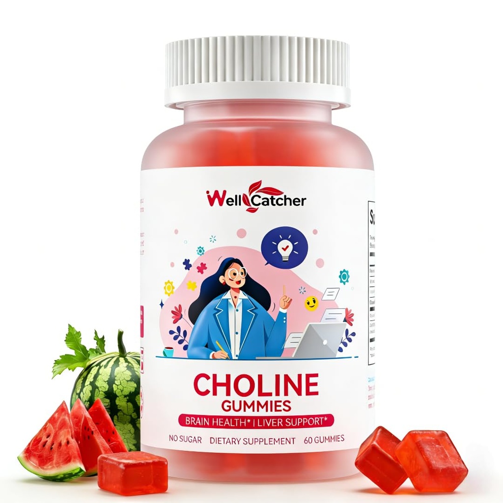 CDP Choline Supplement Gummies 550 mg: Citicoline Brain Supplement for Memory Focus Liver Health with DHA B12, High Potency Sugar Free Vegan Non GMO Watermelon Flavor 30 Days