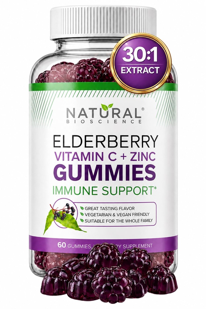 Sambucus Elderberry Gummies with Zinc and Vitamin C - Elderberry Gummies from Real Black Elderberry Extract for Kids & Adults, Natural Herbal Supplement, Immune Support, Gluten-Free, Vegan, 60 Gummies