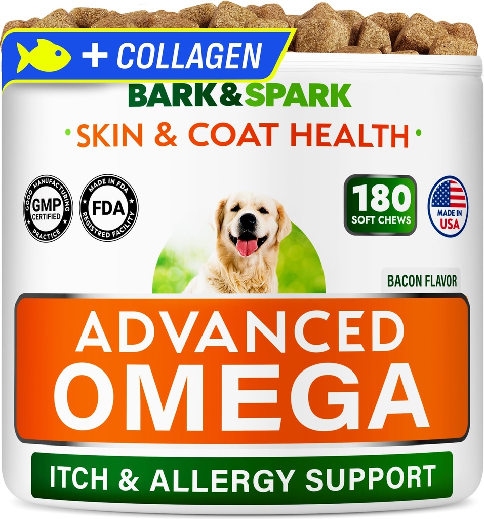 BARK&SPARK Advanced Omega-3 Collagen for Dogs - 180 Salmon & Fish Oil Treats for Dog Shedding, Skin Allergy Chews, Itch Relief, Hot Spots Treatment - Joints, Skin & Coat Supplement,EPA&DHA Fatty Acids