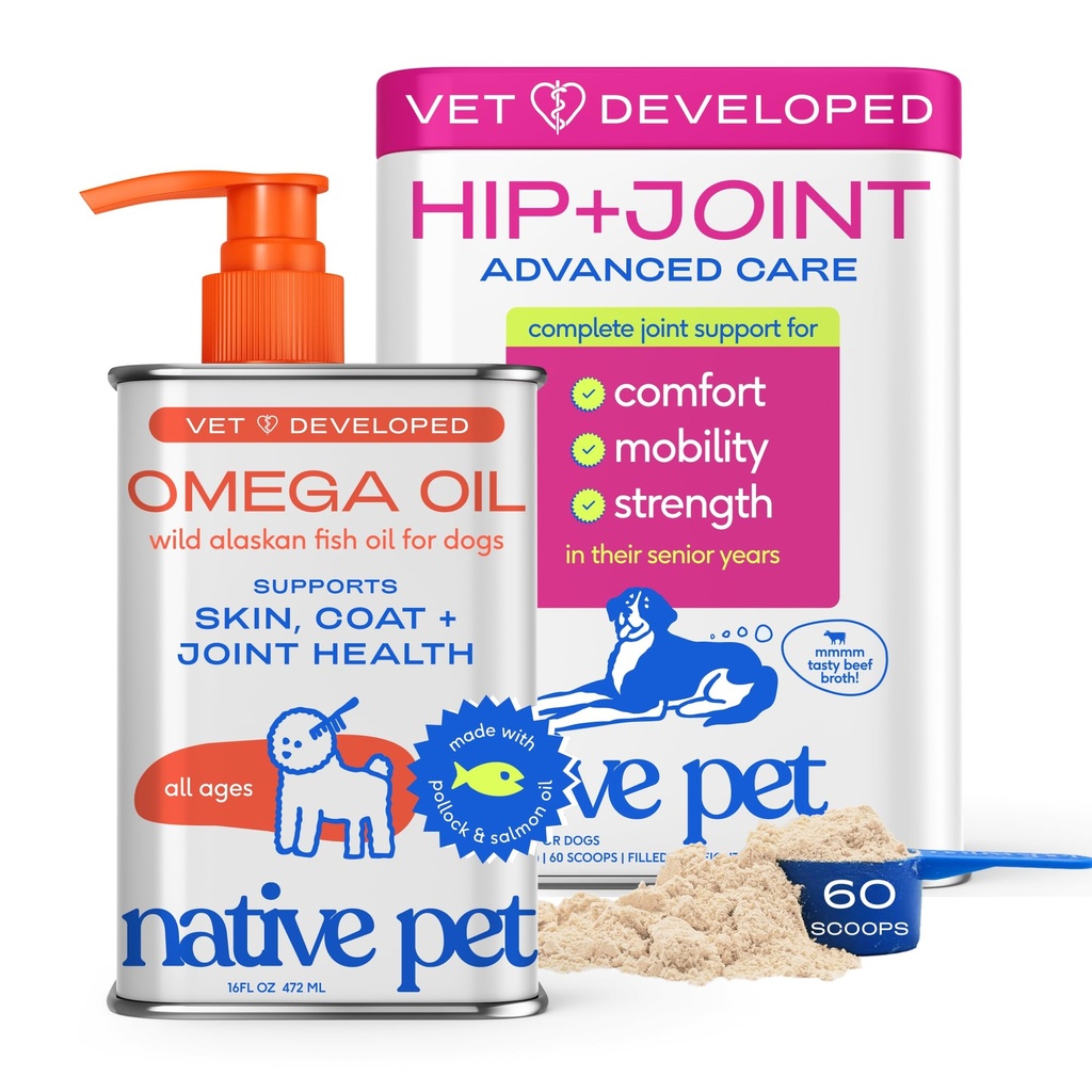 Native Pet Omega 3 Fish Oil for Dogs 16Oz & Advanced Care Hip & Joint Supplement for Dogs 12.7Oz Powder for Mobility & Movement - Supports Healthy Skin, Coat, Joints, Cartilage & Muscle