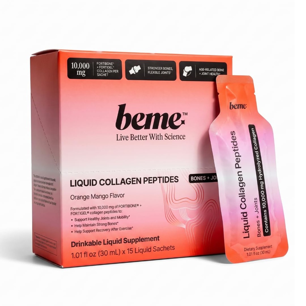 BeMe Move – Liquid Collagen for Bones & Joints, FORTIBONE & FORTIGEL | 10,000mg per sachet | 15-day supply | Orange mango | No added sugar | Third-party tested