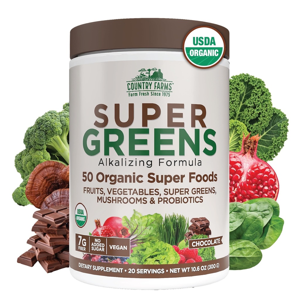 Χώρα Αγροκτήματα Βιολογικά Super Greens Σοκολάτα Γεύση, 50 Βιολογικά Super Foods, USDA Βιολογικό Μείγμα Ποτού, Συσκευασμένο με Ίνες, Φρούτα, Λαχανικά, Μανιτάρια & Προβιοτικά, Υποστήριξη Ενέργειας, 7g Ίνες