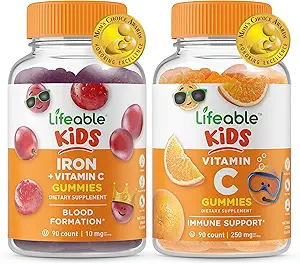 Lifeable Iron & Vitamin C Kids + Vitamin C Kids, Gummies Bundle - Great Tasting, Vitamin Supplement, Gluten Free, GMO Free, Chewable Gummy