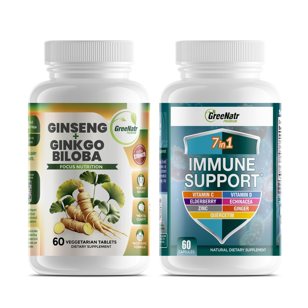 GreeNatr Korean Red Ginseng Root and Ginkgo Biloba and 7 in 1 Immune Support Supplement with Vitamin C, Vitamin D3, Zinc 50mg, Quercetin