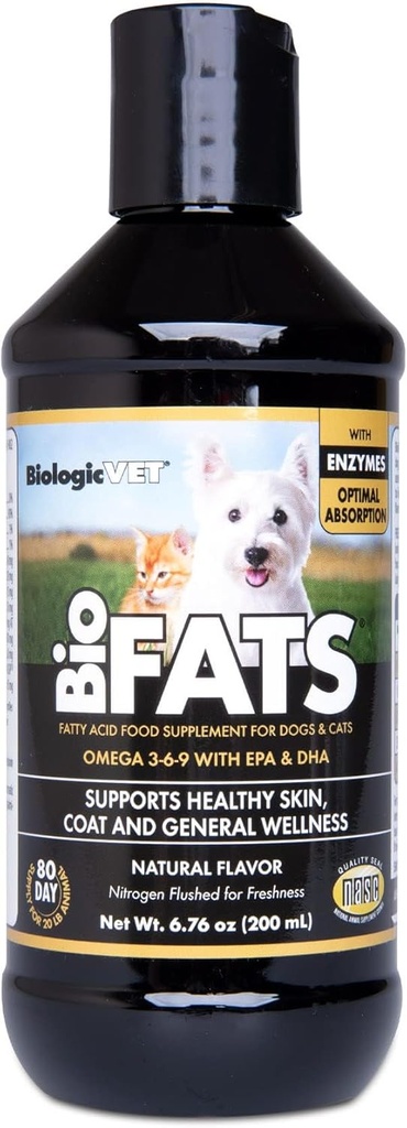 BiologicalVET BioFATS - Περιέχει Ωμέγα 3, 6 & 9 - με EPA, DHA & ALA - για Σκύλο & Γάτα - Δέρμα & Κοινή Υγεία Υποστήριξη - Περιλαμβάνει Ψάρια, Φλαύκο & Ελαιόλαδο - 6.76 fl. oz.