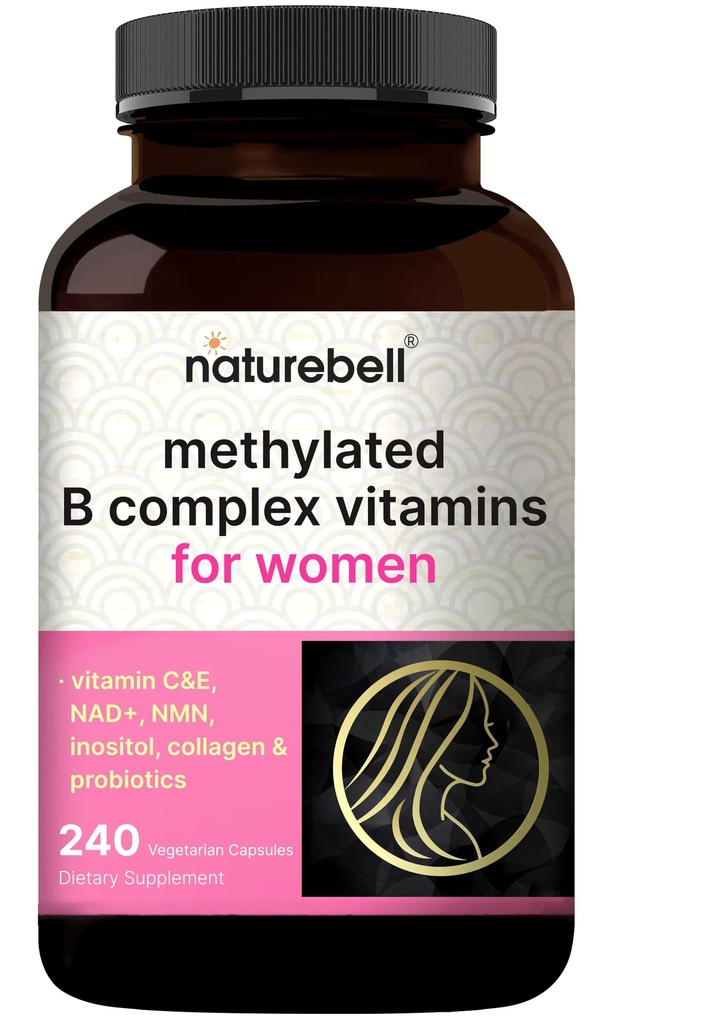 NatureBell Methylated B Complex Vitamins for Women, 240 Veggie Capsules | with Methylfolate, B12, Inositol, Choline, Vitamin C, E, Probiotics, Collagen & NMN | Energy Support* | Non-GMO, Filler Free