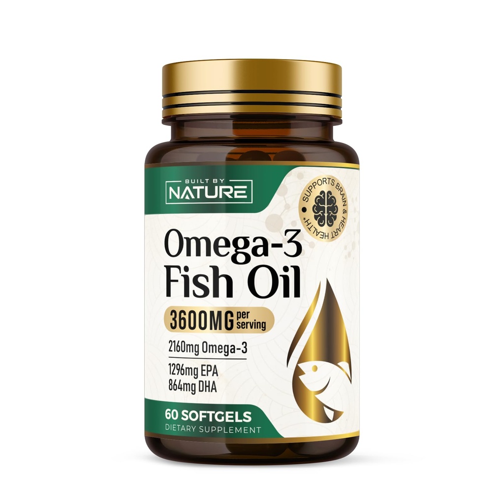 Built by Nature Omega-3 Fish Oil 3600mg – High EPA & DHA – 2160mg Omega 3s per Serving – Triple Strength Burpless Softgels – Heart & Brain Support – 60 Softgels
