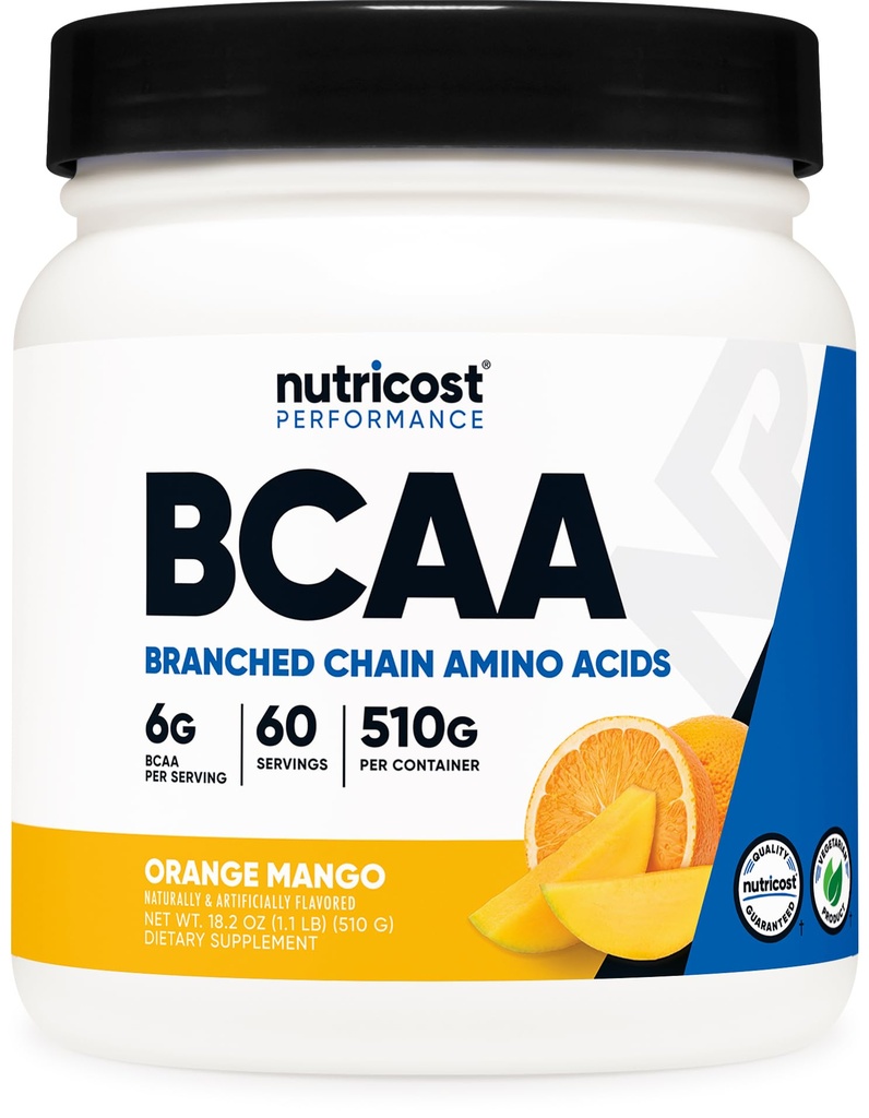 Nutricost BCAA σκόνη (Orange Mango, 60 εξυπηρετήσεις) - 2:1:1 Βέλτιστη αναλογία, χωρίς γλουτένη, μη ΓΤΟ, χορτοφάγοι