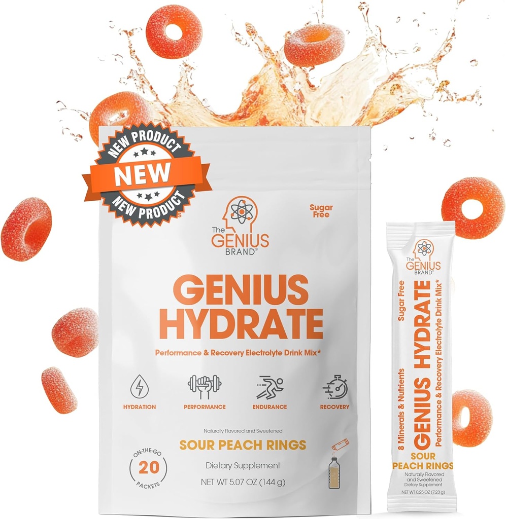 The Genius Brand Genius Hydrate - Συμπλήρωμα ηλεκτρολυτών για καθημερινή ενυδάτωση - Νερό καρύδας - Χωρίς ζάχαρη - 8 Βασικά Ορυκτά & Θρεπτικά συστατικά - Μη ΓΤΟ - Δακτυλίδια Peachάκινου - 20 Σερβιέτες