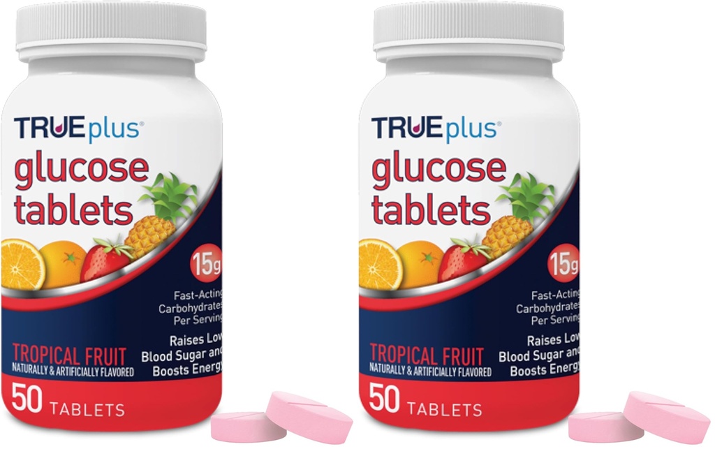 TRUEplus® Glucose Tablets, Tropical Fruit Flavor - 50ct Bottle (Pack of 2)