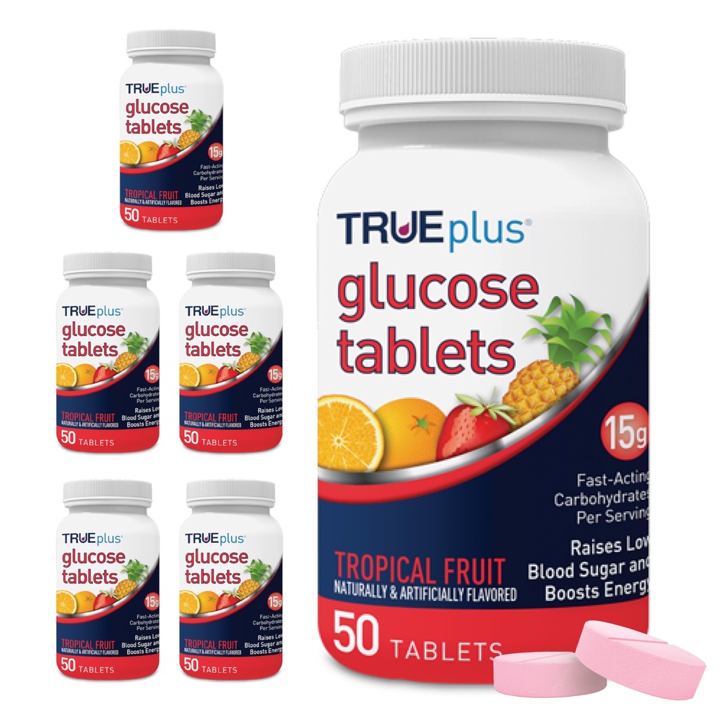 TRUEplus Glucose Tablets, Chewable, Tropical Fruit Flavor, 15g Fast-Acting Carbohydrates, Fat Free, Gluten Free, Boost Energy, 50 Count, 6 Bottles
