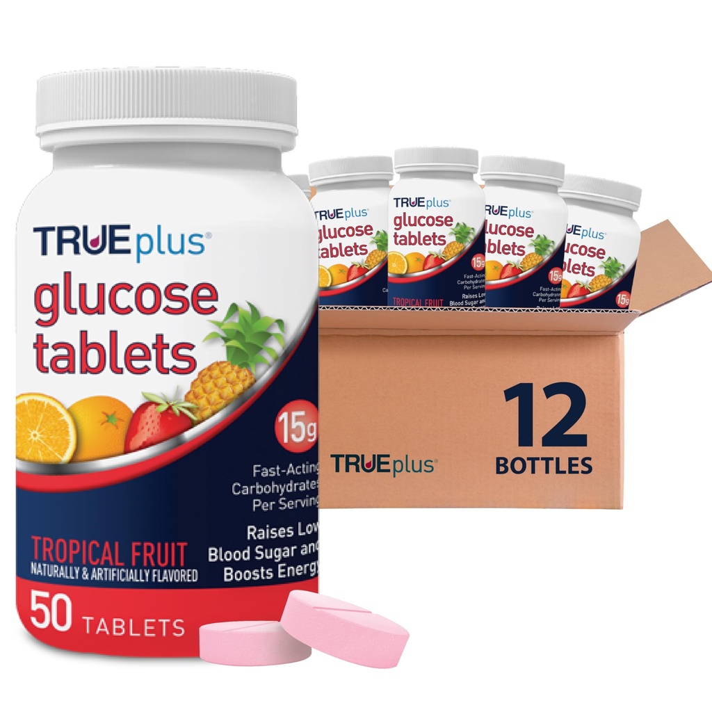 TRUEplus Glucose Tablets, Chewable, Tropical Fruit Flavor, 15g Fast-Acting Carbohydrates, Fat Free, Gluten Free, Boost Energy, 50 Count, 12 Bottles