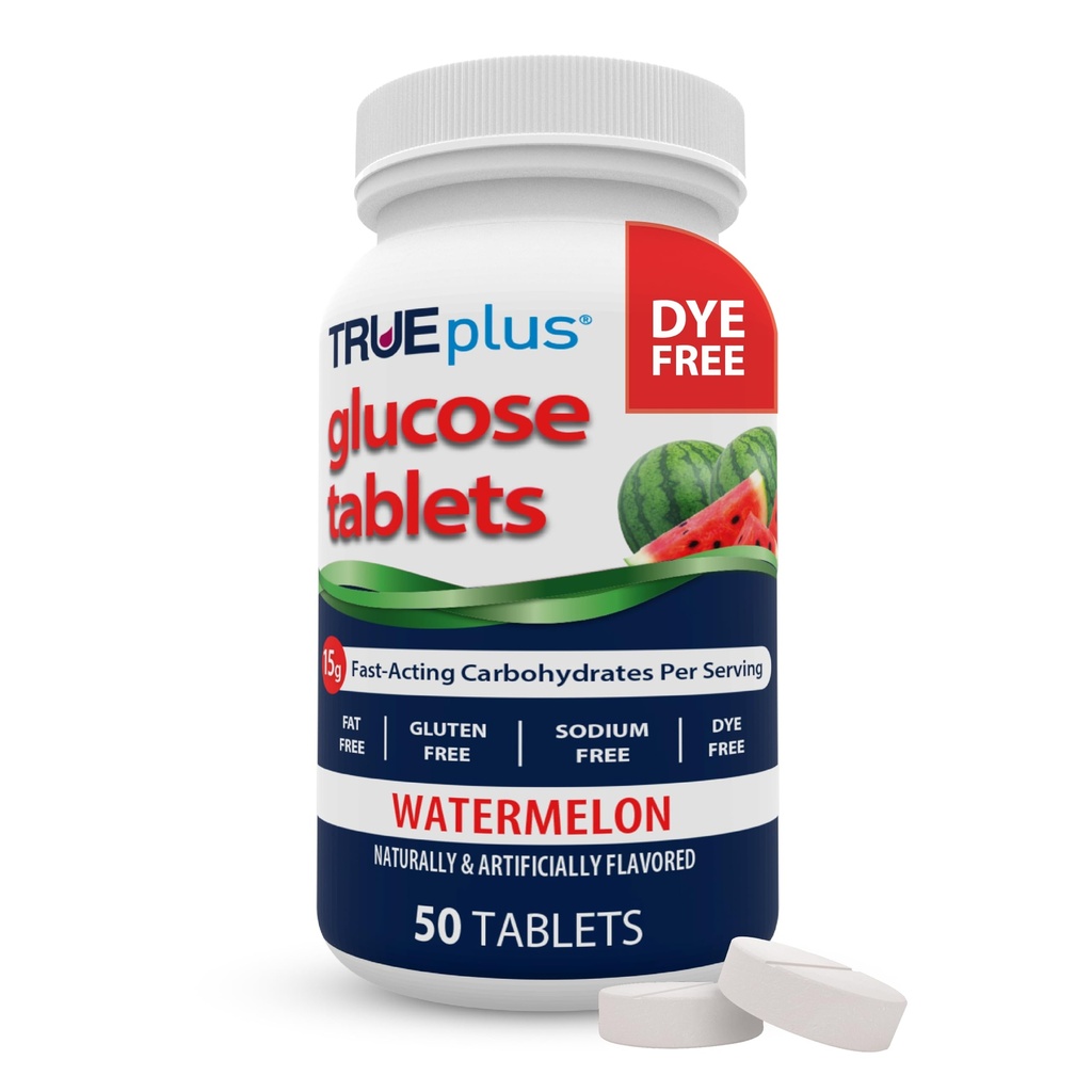 TRUEplus Glucose Tablets, Chewable, Watermelon Flavor, 15g Fast-Acting Carbohydrates, Dye Free, Gluten Free, No Fat, Boost Energy, 50 Count
