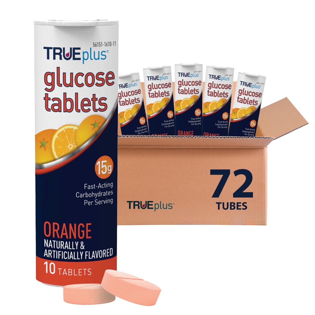 TRUEplus Glucose Tablets, Chewable, Orange Flavor, 15g Fast-Acting Carbohydrates, Fat Free, Gluten Free, Boost Energy, 10 Count, 72 Tubes