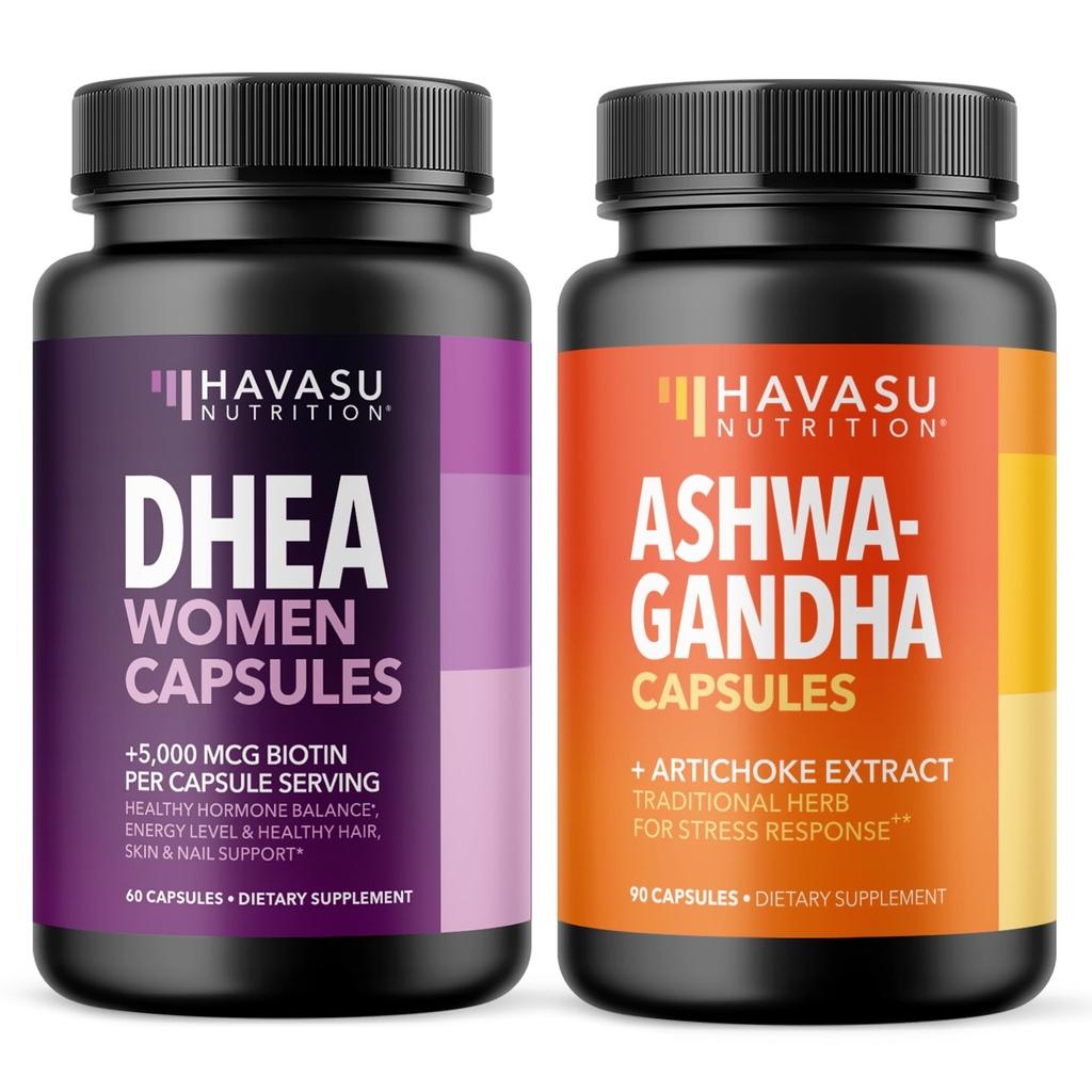 HAVASU NUTRITION Women's Wellness Bundle - DHEA with Biotin + Ashwagandha & Artichoke Extract - Mood, Energy, Hair, Skin & Nail Support - Vegan, Non-GMO, Gluten Free Capsules