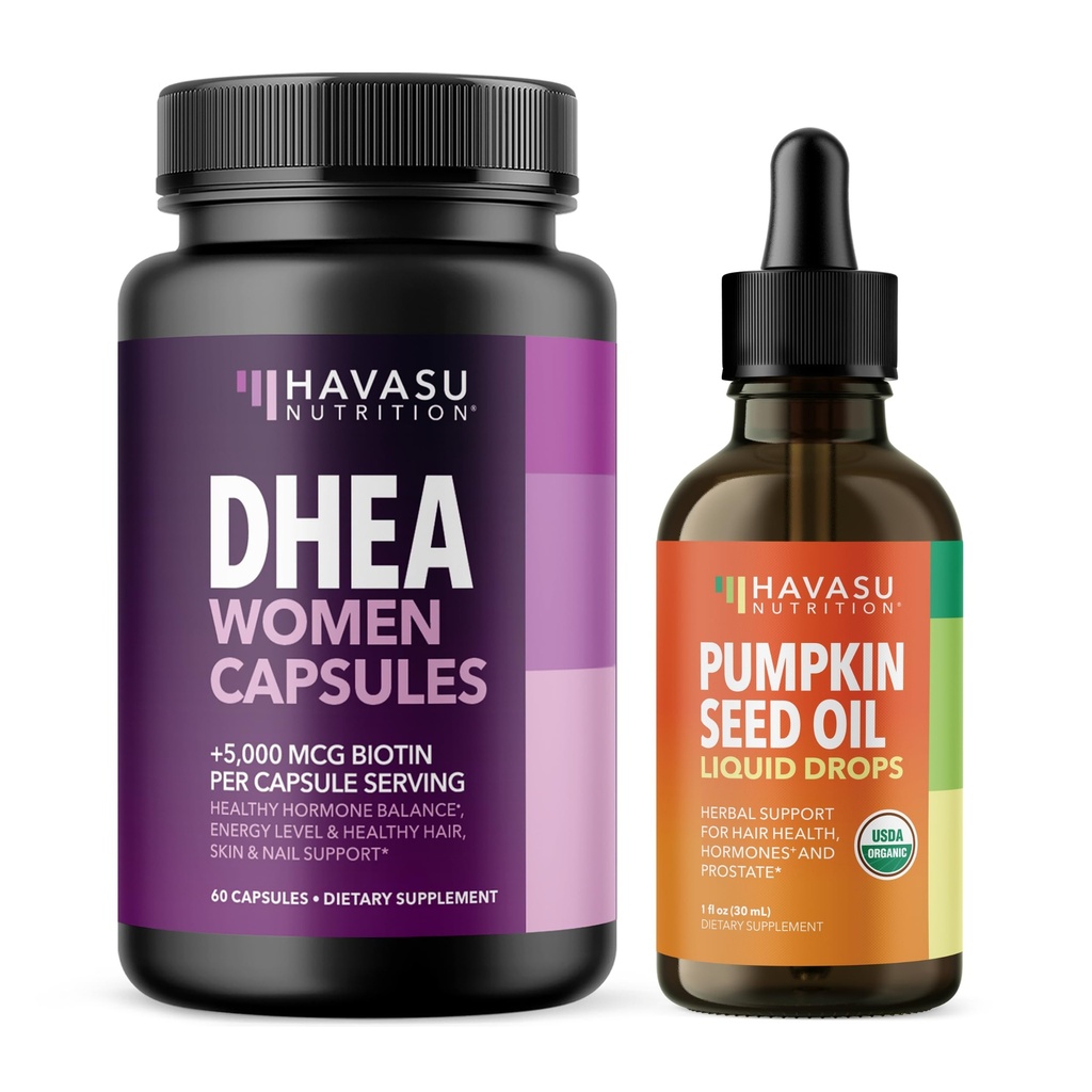 HAVASU NUTRITION Women's Hair & Beauty Bundle - DHEA with Biotin + USDA Organic Cold Pressed Pumpkin Seed Oil - Hair, Skin & Nail Support - Vegan, Non-GMO, Gluten Free - Capsules & Liquid