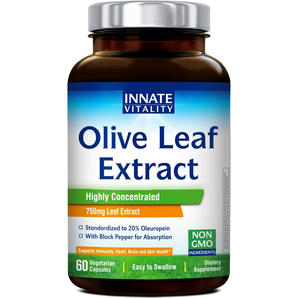 Innate Vitality Olive Leaf Extract Capsules, 750mg Extract, 20% Oleuropein, with Black Pepper for Absorption, Immunity, Heart, Brain, Skin Health, 60 Count