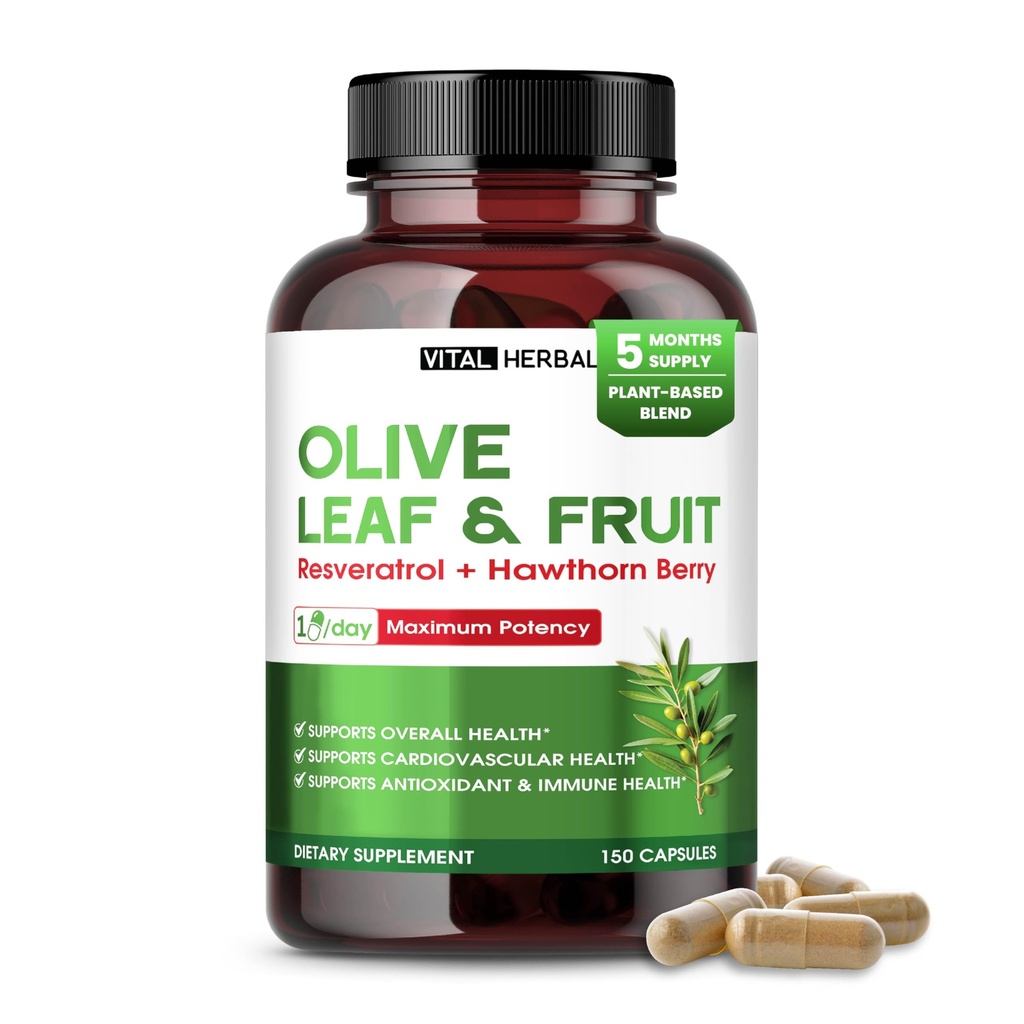 VITAL HERBAL Organic Olive Fruit & Leaf with Hawthorn Berry Capsules – 150 Capsules – Supports Overall Health, Antioxidant & Immune Function